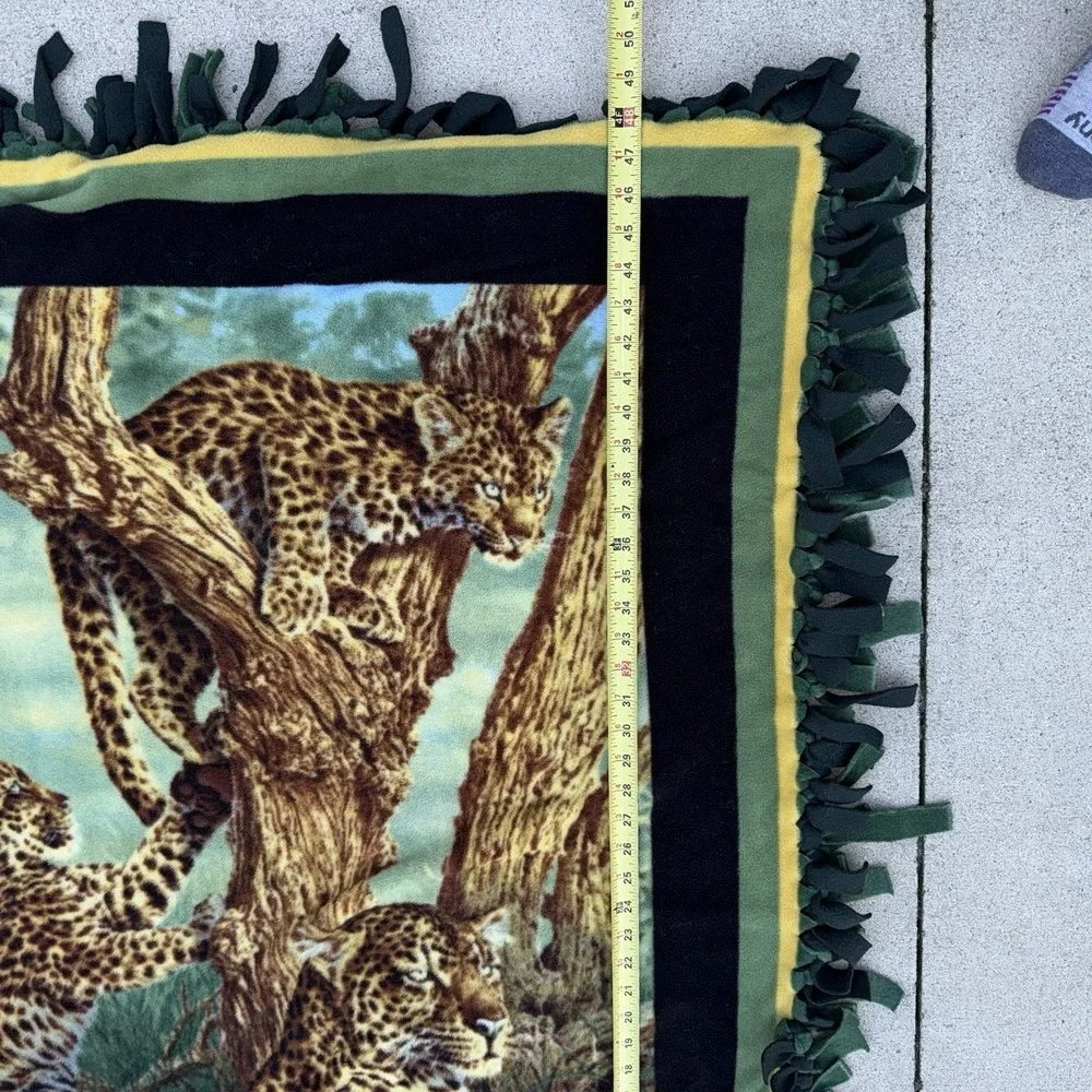 Leopard Family Wildlife Fleece Tie Blanket Handmade Throw 42x50 Green Black